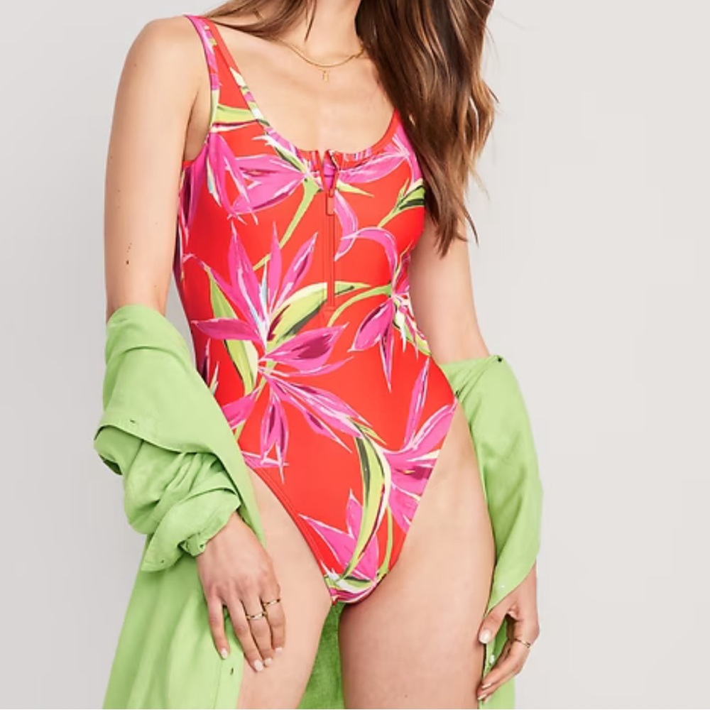 Old Navy Vibrant Red and Pink Leaf One Piece Swimsuit